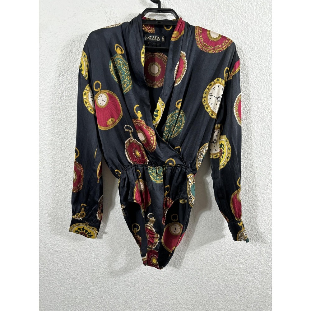 Vintage Escada by Margaretha Ley Bodysuit Womens 36 Black Silk Pocket Watch 80s
